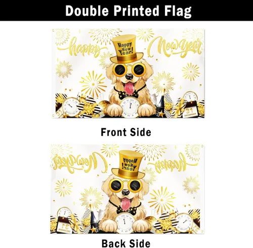 Miniatura 4 de SENSEVEN Bandera de perro Golden Retriever de 3 x 5 pies, de doble cara, pancarta de invierno para exteriores, Año Nuevo, reloj de fuegos