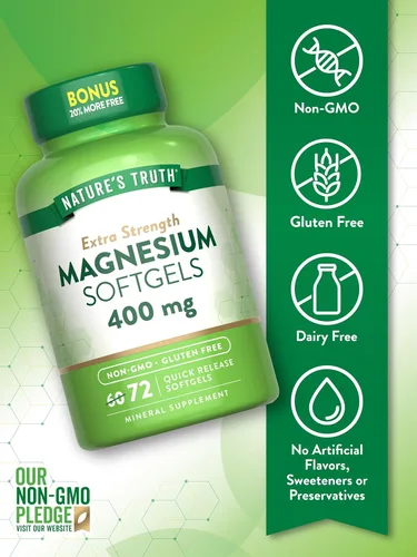 Miniatura 3 de Nature's Truth Magnesio 400mg 72 cápsulas blandas Tamaño de valor Extra fuerte de óxido de magnesio Suplemento sin OMG y sin gluten