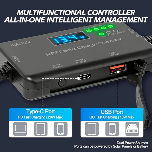 Miniatura 2 de Controlador de carga solar MPPT de 10 A, 12 V, 30 V máximo COV 22 W tipo C y 18 W USB de carga rápida LCD, protección múltiple Controlador