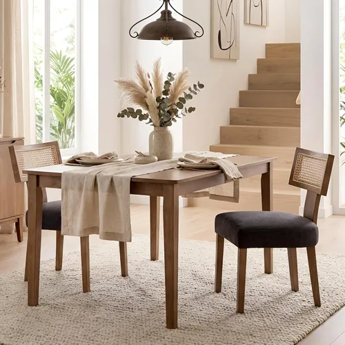 Miniatura 46 de HNY Juego de 6 sillas de comedor de ratán de estilo de mediados de siglo, silla de acento tapizada en lino de estilo granja con respaldo curvo