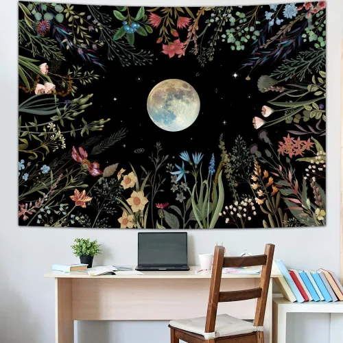 Miniatura 4 de Amhokhui Tapiz de jardín iluminado por la luna, tapiz bohemio de luna, tapiz floral de flores, tapices de plantas coloridas, tapices negros