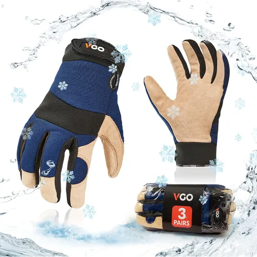 Miniatura 9 de Vgo... 1 par de guantes de trabajo de seguridad de cuero de piel de cerdo con forro para 32℉ o superior, cálidos para invierno frío, almacenamiento