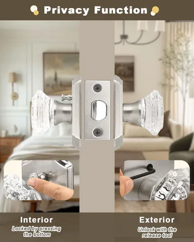 Miniatura 2 de Gobrico Paquete de 3 pomos de puerta de cristal transparente, manijas de puerta de cama/baño, función de privacidad, perilla interior de vidrio