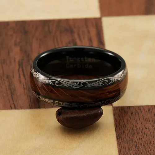 Miniatura 4 de 100S JEWELRY Anillos de tungsteno para hombres y mujeres con incrustación de barril de whisky, estilo vintage, diseño barroco, hoja, negro, anillo