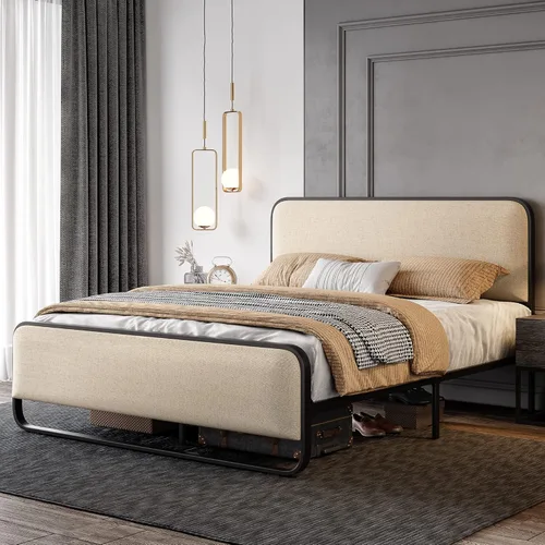 Miniatura 3 de SHA CERLIN Estructura de cama de plataforma de tamaño queen de metal con cabecero y pie de cama tapizados curvos, amplio espacio de almacenamiento
