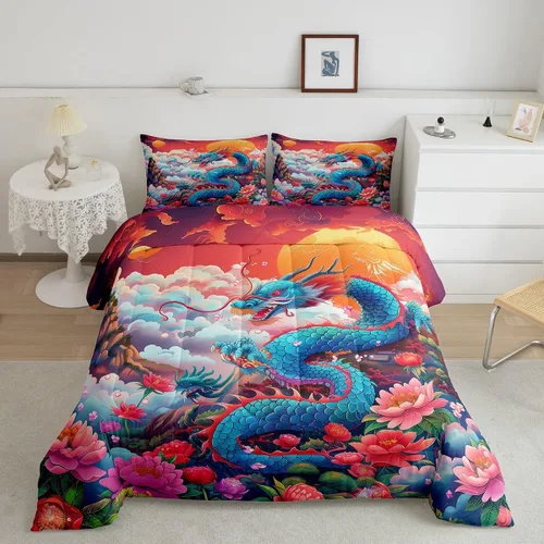 Miniatura 7 de Manfei Juego de edredón de flor de cerezo para niños, tamaño individual, juego de ropa de cama de animales salvajes con grúa Ukiyo-e japonés