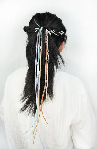Miniatura 4 de Diadema trenzada de perlas de imitación y estilo bohemio, pinzas para trenzar el cabello, extensiones de cabello largo, cadena de cabello