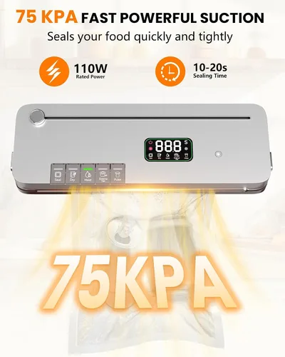 Miniatura 5 de Máquina selladora al vacío de alimentos, succión fuerte de 75 KPa, temporizador digital, cortador integrado, función de pulso, modos seco y húmedo
