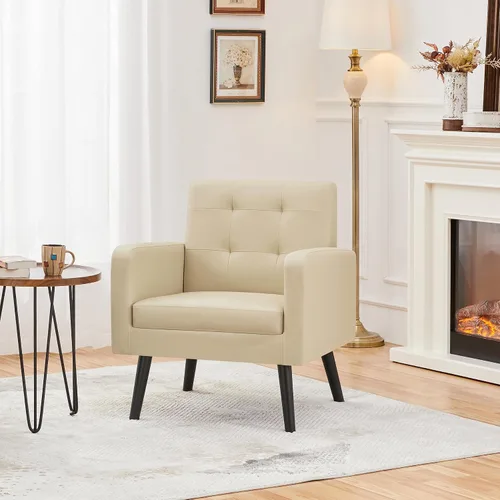 Miniatura 4 de Topeakmart Silla decorativa de mediados de siglo, moderna y acogedora silla de sofá de piel sintética con cojín grueso y patas de madera resistentes