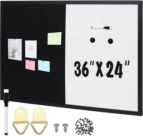 Ireer Tablero de anuncios enmarcado de 36 x 24 pulgadas, corcho magnético y pizarra blanca, combo de borrado en seco y tablero de corcho para