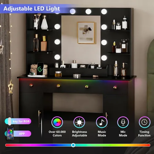 Miniatura 5 de HUANLEGO Escritorio de tocador con espejo y luces, tocador de maquillaje con espejo y luces LED y toma de corriente, 3 cajones y armarios, 3 modos