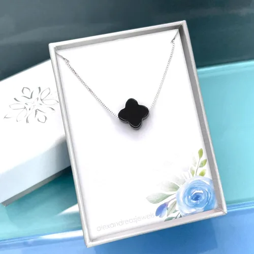 Miniatura 5 de Collar de trébol de ónix negro para mujer, cuentas de trébol de ónix negro en cadena de plata de ley, collar de gargantilla de buena suerte
