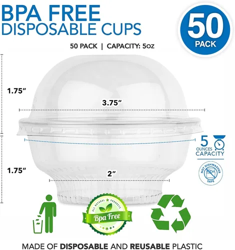 Miniatura 2 de Mini tazas de plástico transparente para postre con tapas de 5 onzas (juego de 50) taza de parfait desechable pequeña, tapa de cúpula, sin agujero