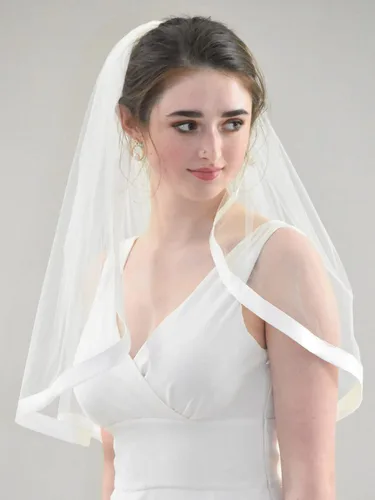 Latious Velo de tul para novia de boda velo de tul marfil con borde de cinta simple con peine velo corto de despedida de soltera para novias y flores