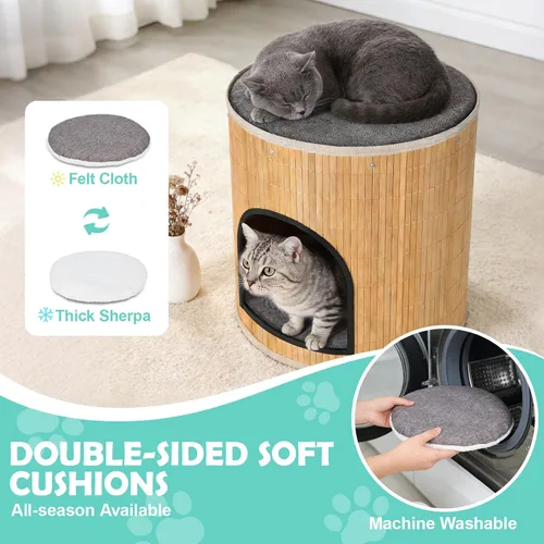 Miniatura 5 de Camas para gatos en casa, cueva de bambú tejida a mano, cubo para mascotas, casas grandes para gatos, 2 alfombrillas de cama, plegable, escondite