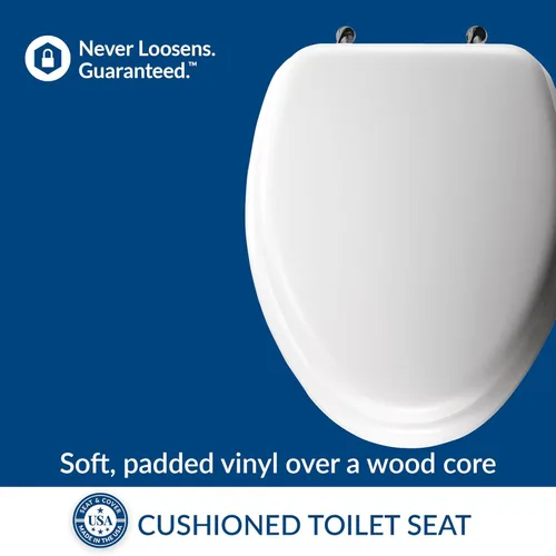 Miniatura 2 de Mayfair Asiento de inodoro acolchado con bisagras cromadas, asiento de vinilo suave sobre núcleo de madera, fabricado en Estados Unidos, alargado