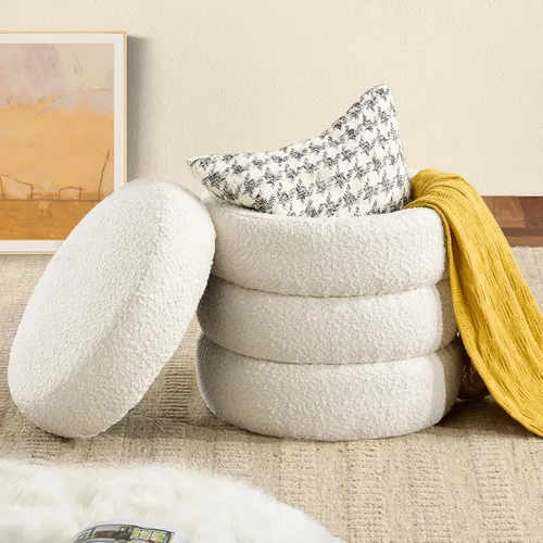Busaurus Otomana Redonda con Almacenamiento para Sala de Estar Pequeño Taburete de Bouclé Reposapiés Moderno Tapizado Taburete de Tocador Otomana