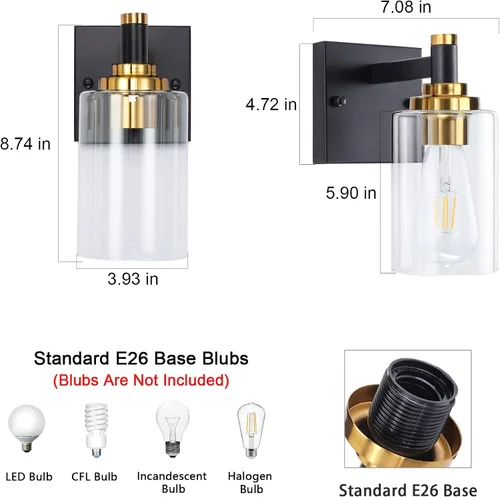 Miniatura 6 de Juego de dos apliques de pared negros y dorados para baño, lámparas de pared de latón, modernas lámparas de pared con pantalla de vidrio, lámparas