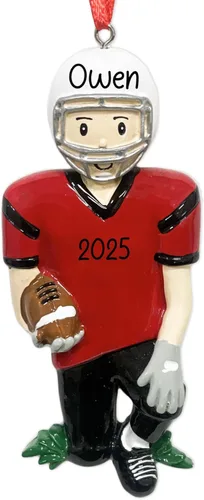 Adorno de Navidad personalizado para niño de fútbol 2025 | Jugador masculino en camiseta con casco y bola para árbol de Navidad | Recuerdo de