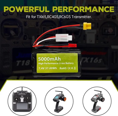 Miniatura 3 de Batería de iones de litio 2 piezas 7.4V 5000mah 2S con enchufe JST y enchufe XT30 con 1 cargador 2 en 1 para TX16S, TX18S, RC4GS, RC6GS, TX12