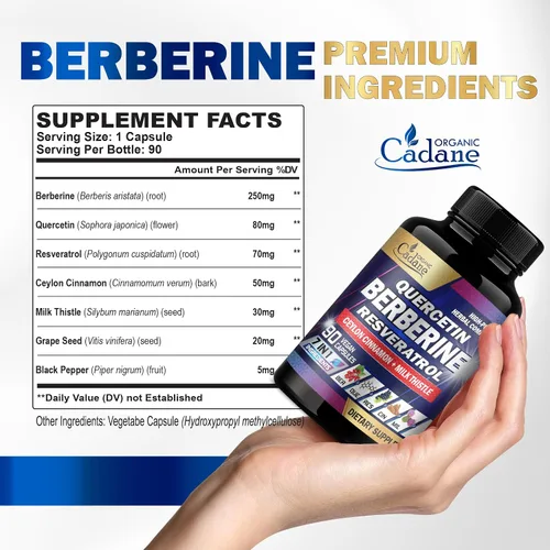 Miniatura 5 de Organic Cadane Suplemento de berberina pura 7 en 1 con quercetina, canela de Ceilán, resveratrol, cardo mariano, semilla de uva y pimienta negra