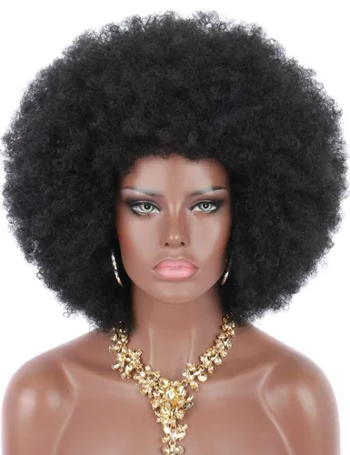 Kalyss Peluca afro rizada tipo afro con flequillo, pelucas afro de los años 70 para mujeres negras, pelucas afros sin pegamento y con volumen, color