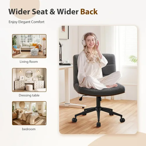 Miniatura 6 de Furnimart FSC Silla de Escritorio Ancha de Madera, Silla de Oficina Giratoria 360° Criss Cross con Ruedas, Cómodo Sentado con Piernas Cruzadas, Gris