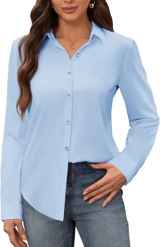 Miniatura 27 de Siliteelon - Camisas de vestir para mujer, a prueba de manchas, sin arrugas, de manga larga, sólidas, para trabajo y negocios, con botones