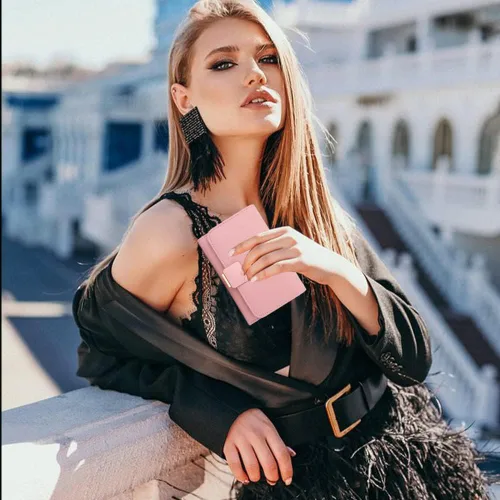 Miniatura 7 de Cartera pequeña para mujer, tarjetero de piel sintética, bloqueo RFID, con triple pliegue, sobre con cremallera, monedero, rosa ( B - Pink ), Moda