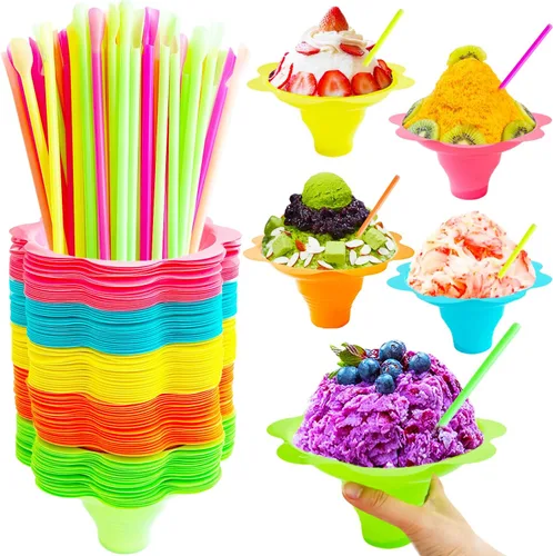 Haawooky 200 tazas de cono de nieve en forma de flor colorida de 8 onzas con cucharas y pajitas, vasos de plástico para goteo de hielo afeitado,