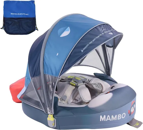 Mambobaby - Flotador de natación para bebé con toldo ajustable UPF 50+ y diseño de pingüino azul, no inflable, seguro para bebés y niños pequeños de