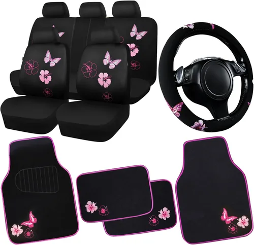 CAR PASS Juego de fundas universales para asiento delantero de automóvil, diseño de flores bordadas, impermeables, fundas para volante, mariposa