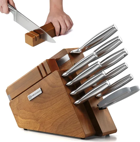 KnifeSaga Juego de bloque de cuchillos de cocina, 12 piezas con afilador | Juego de cuchillos de acero inoxidable de alto carbono japonés para cocina
