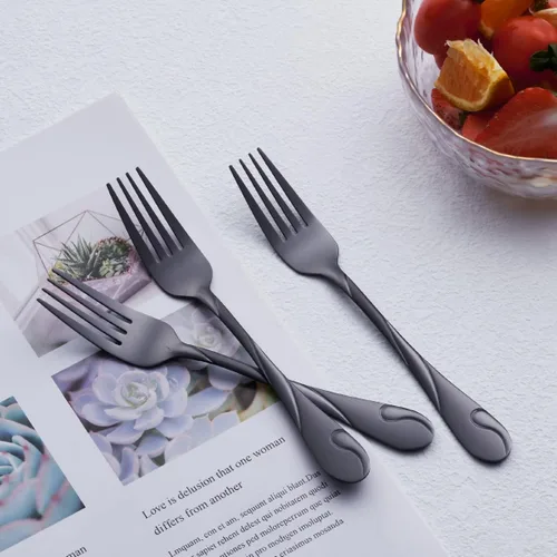 Miniatura 4 de Juego de 6 tenedores para ensalada de acero inoxidable de 6.9 pulgadas, tenedor de postre de metal negro brillante, tenedor pequeño para tartas