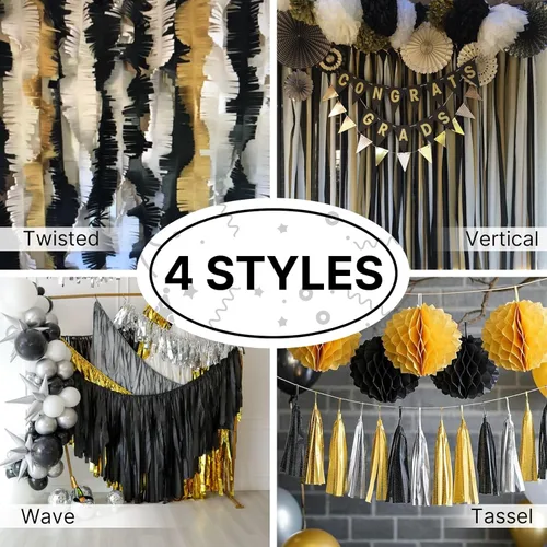 Miniatura 5 de PartyWoo Serpentinas de papel crepé negro, 4 rollos de 328 pies, paquete de papel crepé negro para graduación, Halloween, Año Nuevo, aniversario