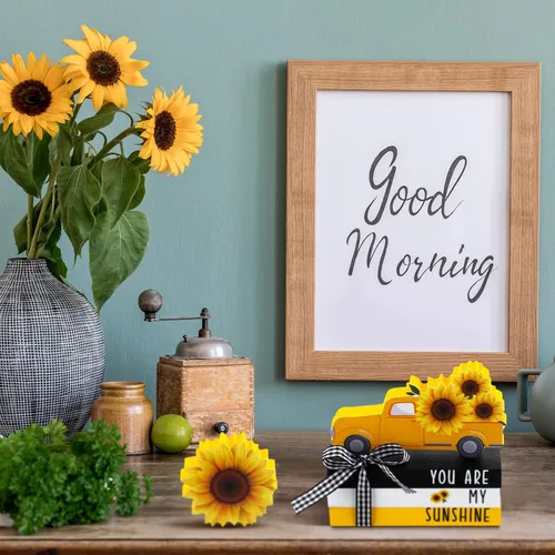 Miniatura 7 de Yookeer 5 piezas de girasoles para decoración de bandejas escalonadas, decoración de girasol, letrero de madera de verano, centro de mesa de sol