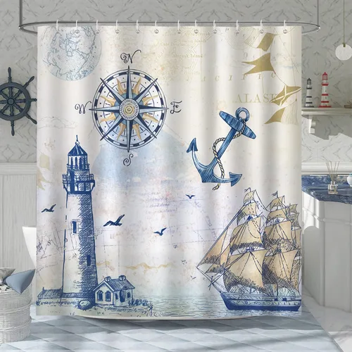 Miniatura 9 de Cortina de Ducha Bonhause Lighthouse, Decoración de Baño Náutica Costera con Velero y Brújula, 72 x 72 Pulgadas, Tela de Poliéster Impermeable