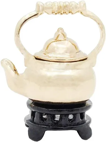 Odoria 1/12 Hervidor de té en miniatura, accesorios de decoración para casa de muñecas, color dorado