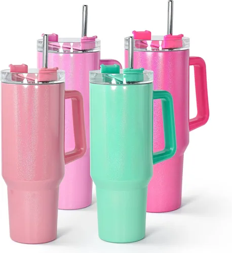 Miniatura 8 de AGH Paquete de 4 vasos de sublimación blancos con purpurina de 40 onzas con popote y tapa de acero inoxidable, vasos aislados al vacío de doble