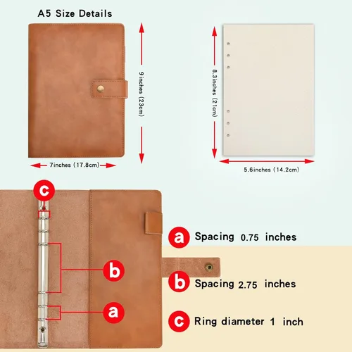 Miniatura 2 de WONDERPOOL Cuaderno de cuero recargable, cuaderno en espiral, carpeta de carpetas de diario A5 con puntos y bolsillos interiores para viajes, Marrón