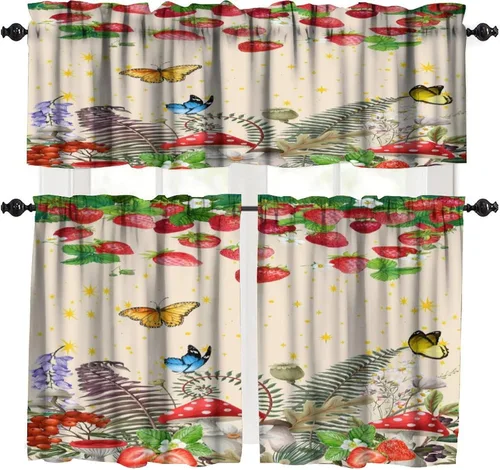 Cortina de cocina de hongos, fresa con plantas verdes, flores silvestres, estrellas doradas, mariposa, dormitorio, comedor, cafetería, oficina, sala