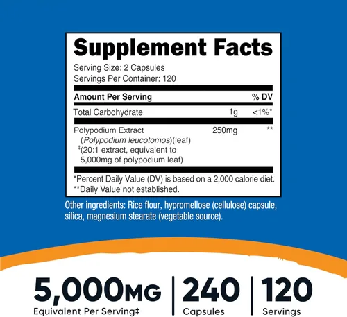 Miniatura 2 de Nutricost Extracto de Polypodium Leucotomos 240 cápsulas para 120 porciones, vegano, sin OMG, sin gluten
