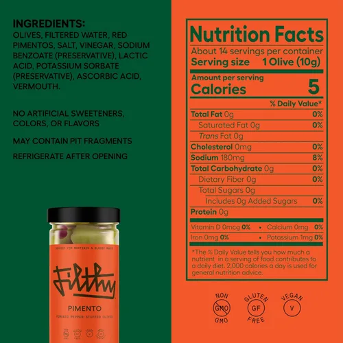 Miniatura 2 de Aceitunas rellenas de pimiento de Filthy Food, guarnición premium para cócteles, aceitunas rellenas de pimiento español, no transgénico, sin gluten
