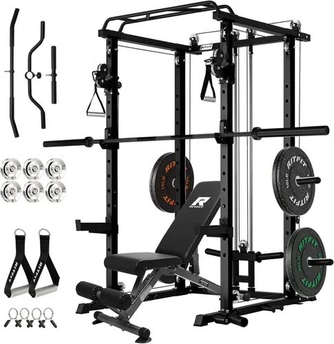 RitFit El paquete multifunción de garaje y gimnasio en casa incluye jaula de potencia de 1200 libras PPC03/P3 con sistema de cruce de cables, banco