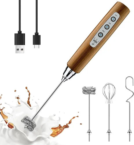 YUSWKO Varita espumadora de leche de mano de grano de madera para café, batidor eléctrico recargable con 3 cabezales, 3 velocidades, mezclador de