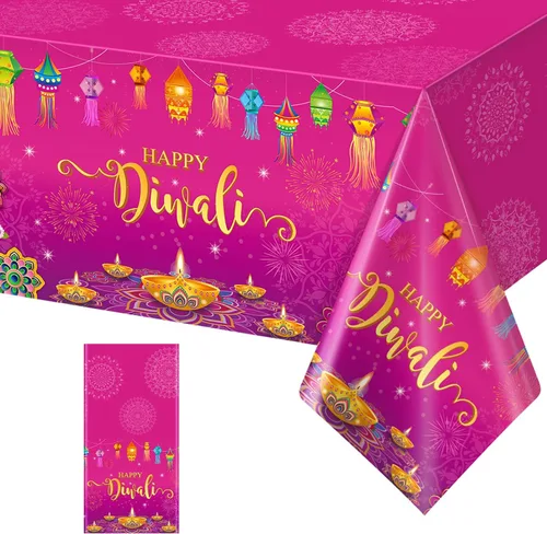 Miniatura 9 de Paquete de 3 manteles desechables Happy Diwali, mantel de plástico para mesas rectangulares, mantel Diwali para decoración india de Diwali