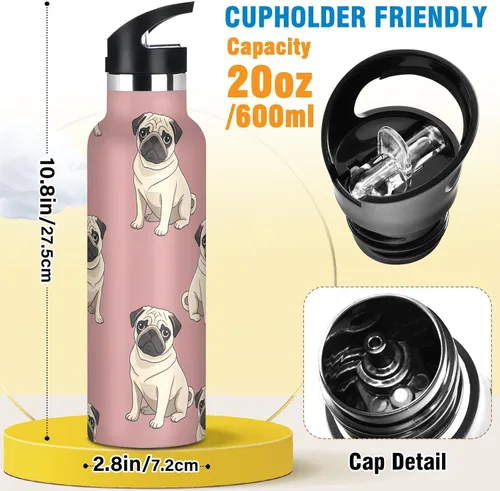 Miniatura 2 de Kids Water Bottle with Straw 20 Oz, Kids Stainless Steel Vacuum Insulated Water Bottle for Travel or School, BPA-Free, Beige Pugs Pink