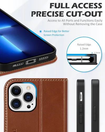 Miniatura 7 de SHIELDON Funda para iPhone 13 Pro Max 5G, cartera de cuero genuino tipo folio magnética con amortiguación de golpes, bloqueo RFID, tarjetero, Marrón