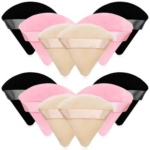 Miniatura 18 de 12 bolsas de polvo cosmético rosa, 2.76 pulgadas, portátil, suave, esponja, para la cara, soplo de terciopelo triangular con asa de cinta para polvo
