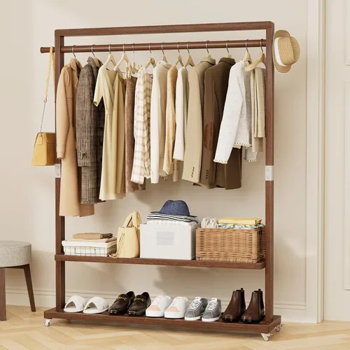 Miniatura 8 de Perchero de madera maciza con ruedas Perchero independiente 3 en 1 y perchero, barra extra larga, dos estantes, carga de 220 libras Organizador